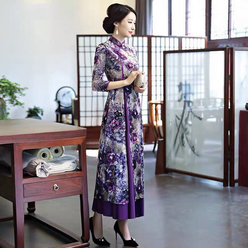 Đầm Cổ Tàu Hoa Tím -HN948